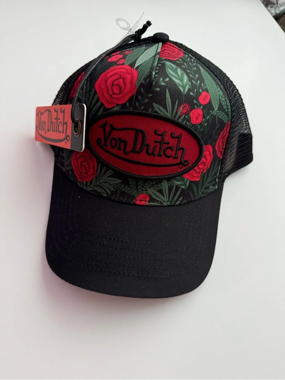 Von Dutch Black Trucker Cap with Red Rose Print